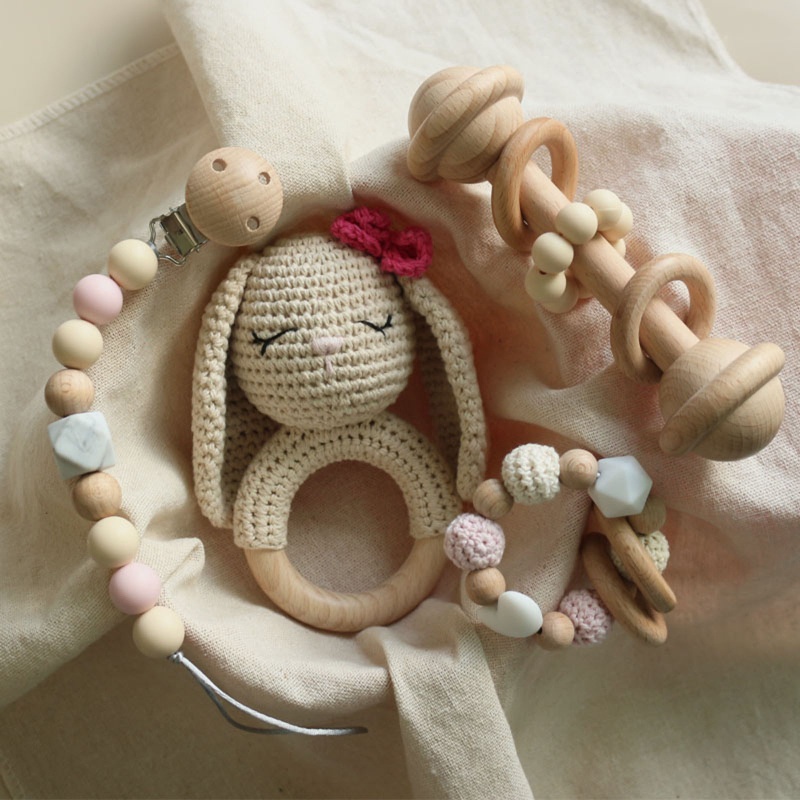 Mary 4pcs / Set Mainan Rattle / Teether Bentuk Kelinci Bahan Kayu Untuk Bayi