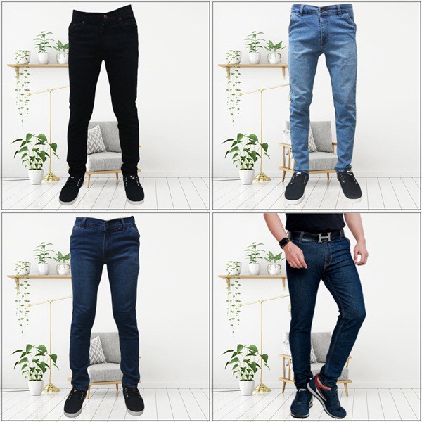 Celana jeans jumbo panjang pria slim fit hitam pensil standar big size 27-44