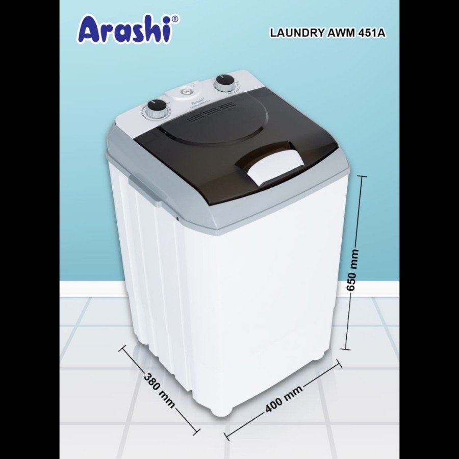 ARASHI Mesin Cuci Laundry Portable 4,5 Kg AWM 451 A - Garansi Resmi 1 Tahun