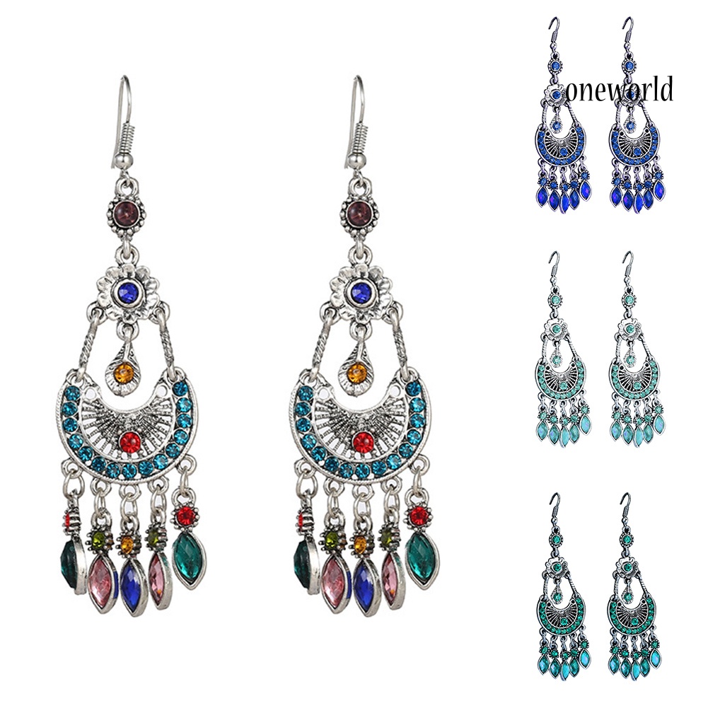 OW# Bohemian Women Rhinestone Crescent Moon Long Fringe Hook Earrings Jewelry Gift