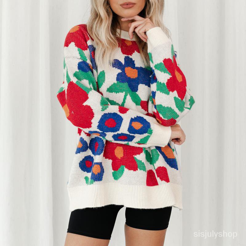 #Sisjuly# Wanita Musim Gugur Dan Musim Dingin Baru Bordir Bunga Besar Leher Bulat Longgar Lengan Pan