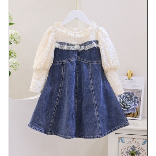 STELAN ANAK CEWEK OVERALL JUMSUIT BRUKAT CREAM JEANS 100-140