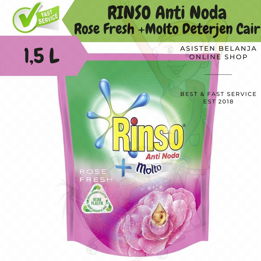 RINSO Anti Noda +Molto Rose Fresh 1500 ml 1,5 Liter 1.5L Extra 150ml = 1,65 Liter Deterjen Cair