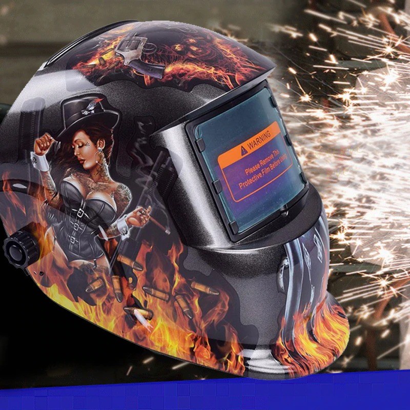 Helm Las Otomatis Auto Darkening Welding Helmet Motif Gun Fire HW-013 - Black/Orange