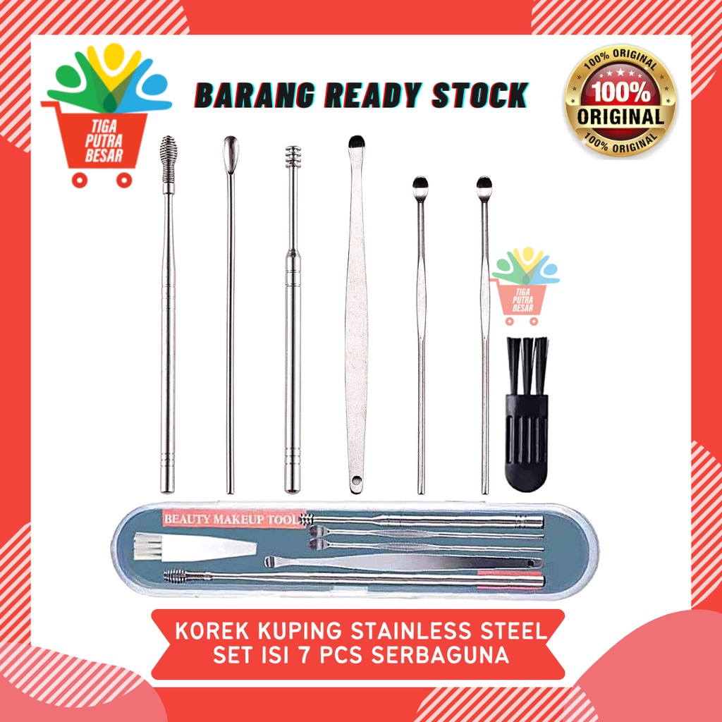 KOREK KUPING SET ISI  6 + 1 BRUSH STAINLESS STEEL /  ALAT PEMBERSIH TELINGA SERBAGUNA