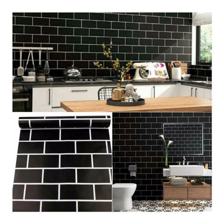 WALLPAPER DINDING BATA HITAM LIS PUTIH UKURAN 10M X 45CM TERLARISS...,,,,,