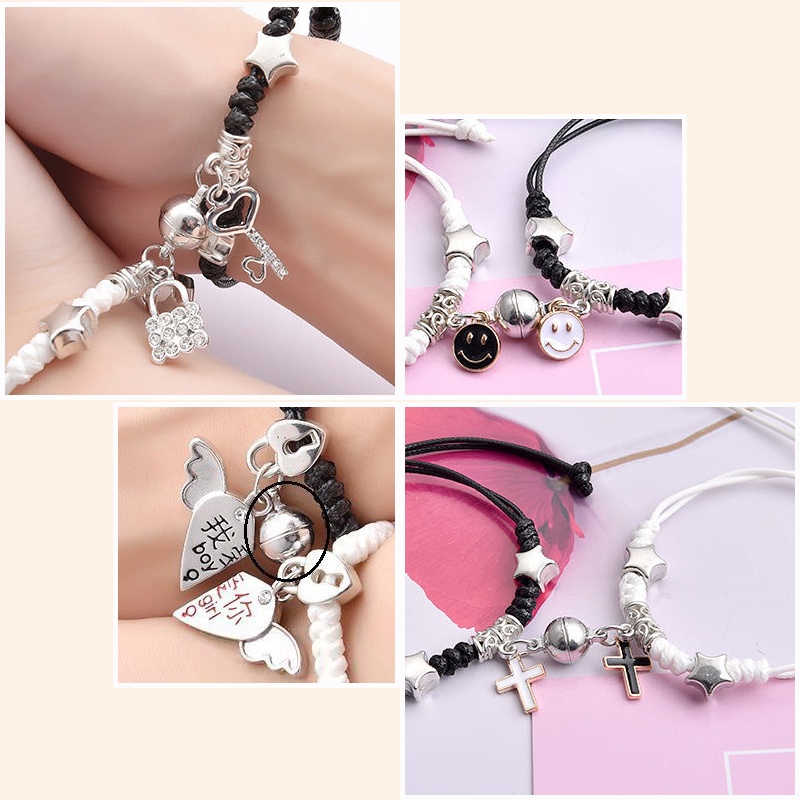 2 Pcs Fashion Magnet Gelang Palang Berbentuk Hati Kunci Gelang Wanita Pria Pasangan Perhiasan Aksesoris - PD