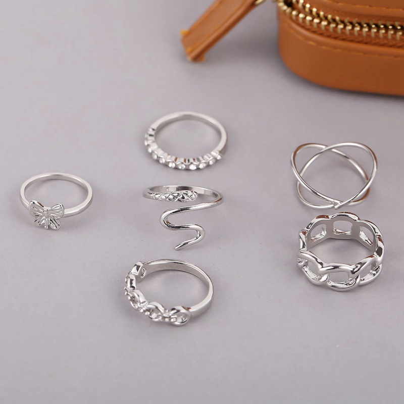 Fancyqube 6pcs / Set Cincin Model Terbuka Bentuk Ular Mawar Hollow Bahan Logam Gaya Retro Eropa Amerika Untuk Wanita