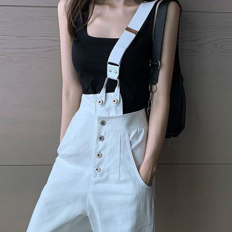 Overall denim 2022 baru celana sembilan titik wanita versi Korea celana kepribadian satu bahu longga