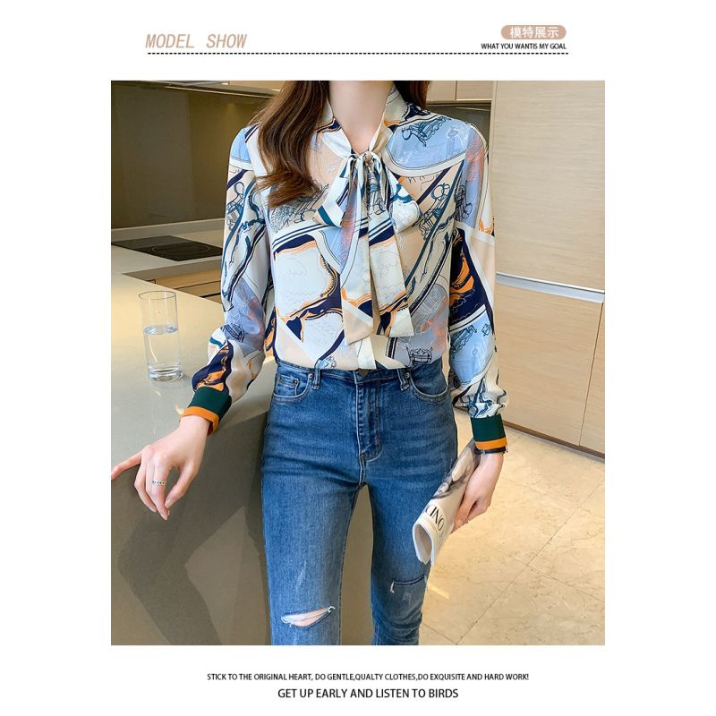 Blouse atasan wanita warna biru motif cantik  kerah berpita  katun Korea lengan panjang elegant