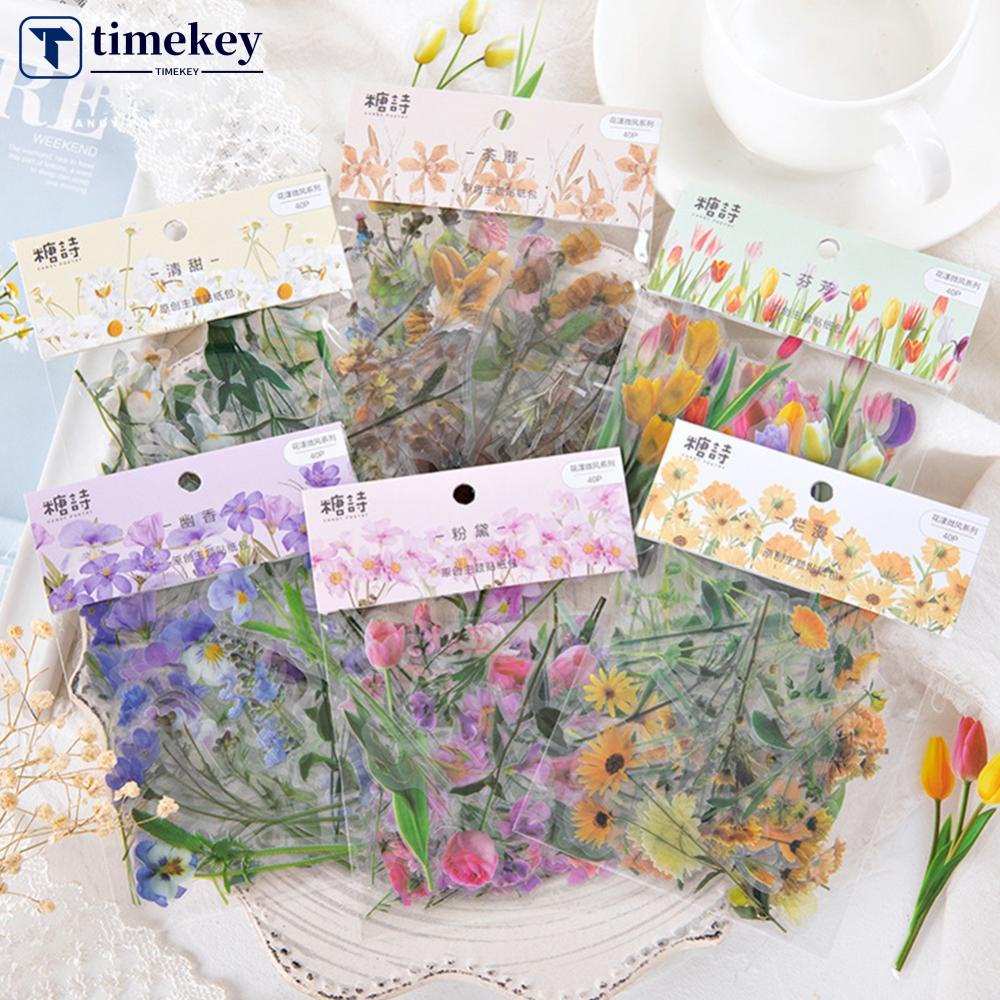 Timekey 40Pcs Stiker PET Motif Tanaman Bunga Vintage Untuk Dekorasi Diaryjurnalalbumscrapbook DIY K3O7