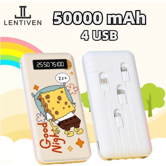 Powerbank 50000mAh 4 Cables Cute External Battery Mini Power Bank Dual USB LED Portable Fast Charger Real Capacity hohua