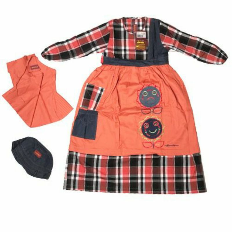 Dannis 7 Set Gamis Overall Anak Orange Hitam Putih Kotak Tartan Bunga