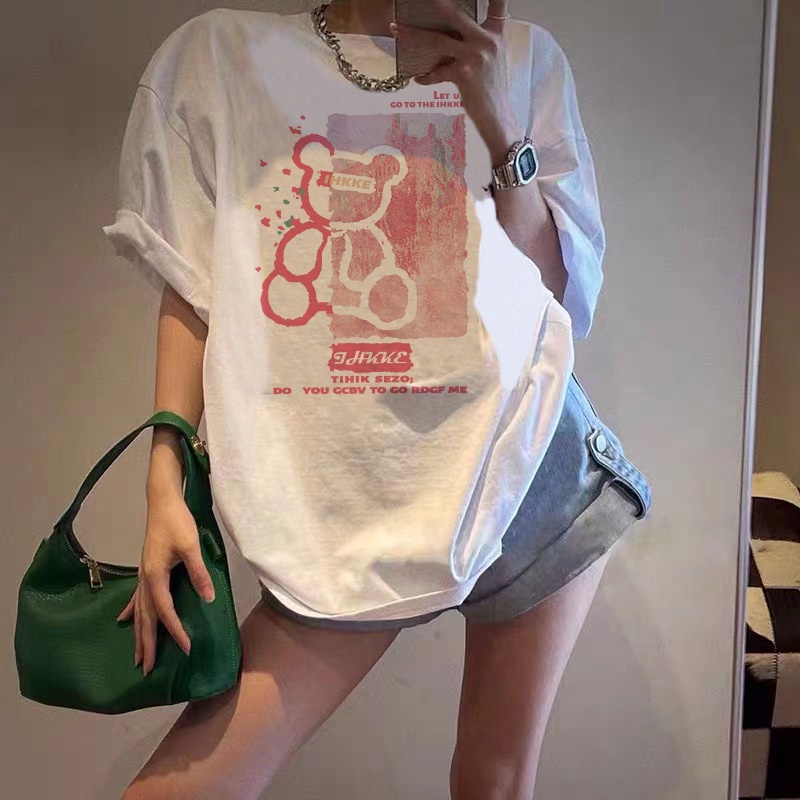 baju kaos wanita lengan pendek/bear printing t-shirt/korea style oversize kaos putih