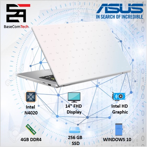Laptop Asus Vivobook E410MA INTEL N4020 RAM 4GB 128/192GB 14HD WINDOWS 10-WHT 256SSD FHD MOTIF