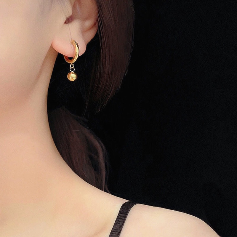 Anting Panjang Jatuhkan Manik Bulat Titanium Wanita Anti Karat dan anti luntur asli Emas 18K Aksesoris Perhiasan