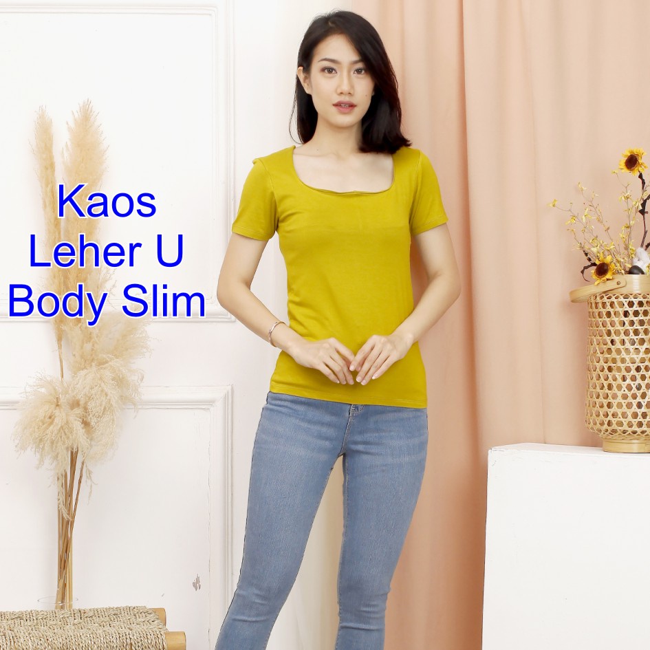 Kaos Atasan Wanita Leher U Top Stylish Wanita Body Slim Sexy Kaos Polos Lengan Pendek Murah Leher U Model Pas Body