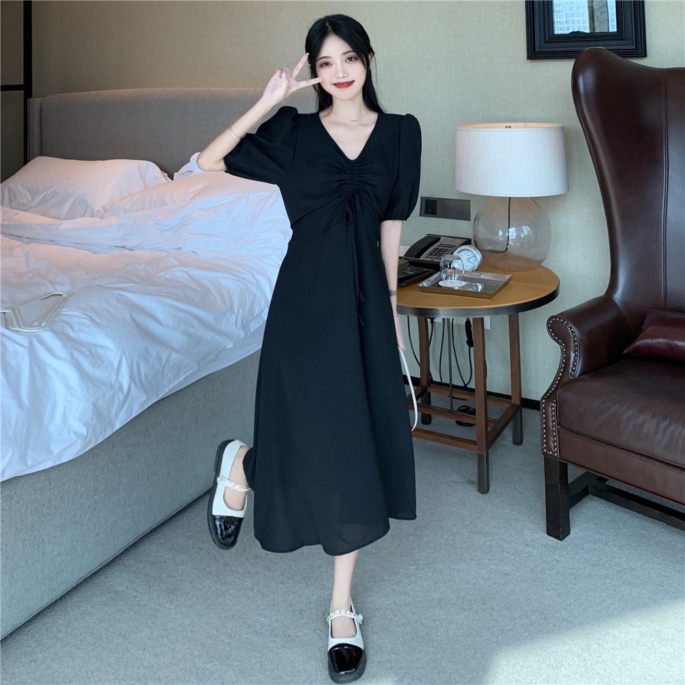 pakaian wanita korea daster kerut dada COD 2022 New Fashion Korean Style Short Sleeve Drawstring V Neck Midi Dress polos for Women Summer Black Blue solid color A-Line Casual Dresses wanita 2023 korea sexy murah