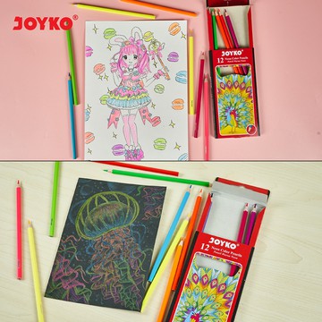 JOYKO - PENSIL WARNA 12 WARNA PANJANG PENDEK WARNA NEON - COLORING PENCILS 12 COLORS / ERASEABLE / BISA DIHAPUS