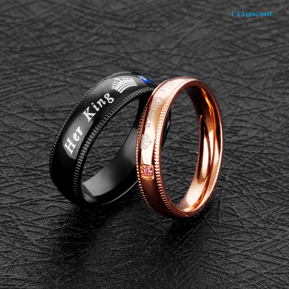 Ls Cincin Titanium Steel Motif Tulisan Her King His Queen Hias Berlian Imitasi Untuk Pasangan