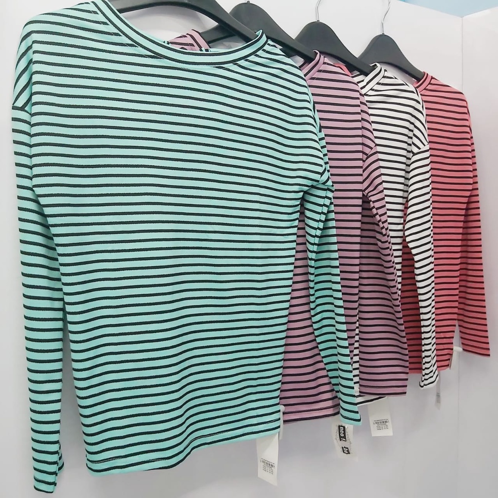 KAOS LORENG GARIS SALUR LENGAN PANJANG ATASAN FASHION WANITA PAKAIAN