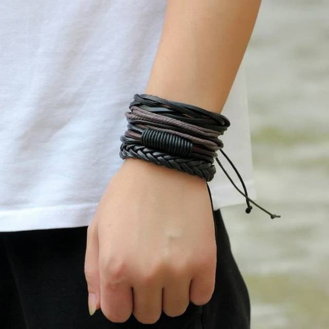 Gelang Tali ISI 4PCS AB17 Gelang Pria Wanita Fashion Casual Retro Woven Men Women Leather Bracelet Jewerly ACC