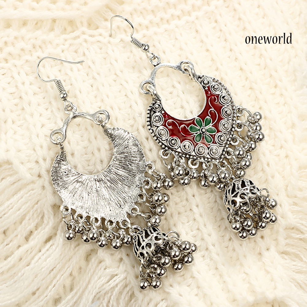 OW@ Retro Bohemian Women Flower Round Balls Tassel Dangle Hook Earrings Jewelry