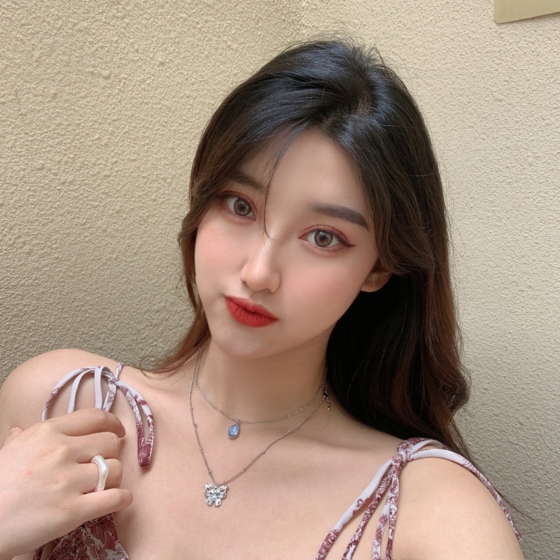 Blue Water Drop Butterfly Necklace Accessories Temperament Double Clavicle Chain