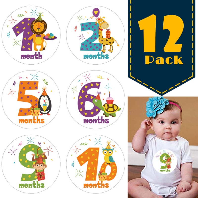 Mary 12pcs / Set Stiker Peringatan Bulanan Bayi Motif Kartun Hewan Untuk Properti Fotografi