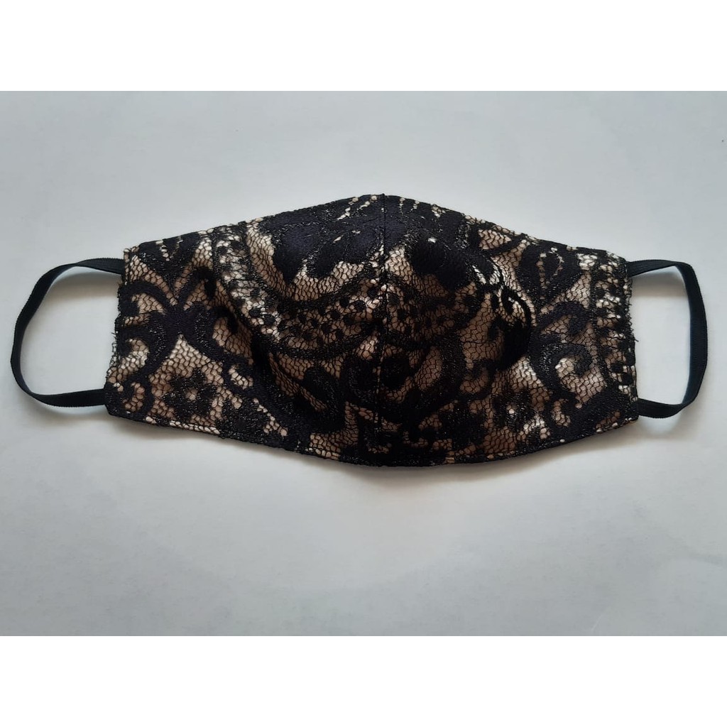 Masker Kain Brokat Hitam 3 Ply / Masker Kain Cantik Terbaru