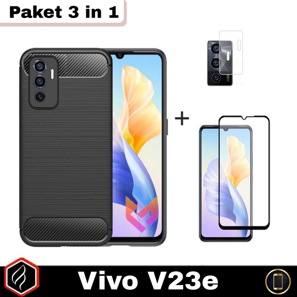 Paket 3 in 1 Case Carbon Vivo V23E Anti Gores Layar Free Camera