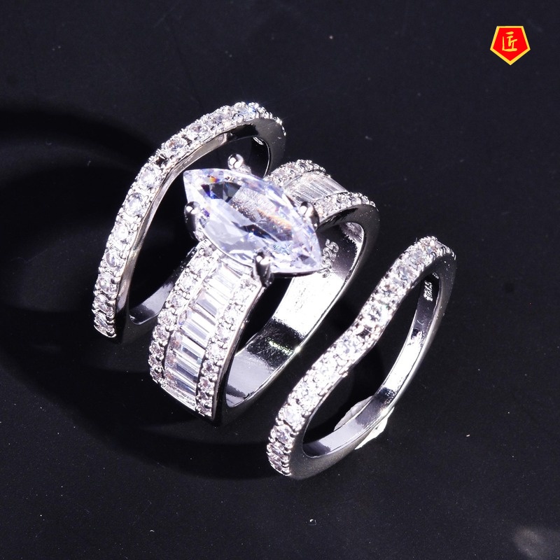 [Ready Stock]18K Gold Luxury Elegant Inlaid Diamond Three-Piece Ring