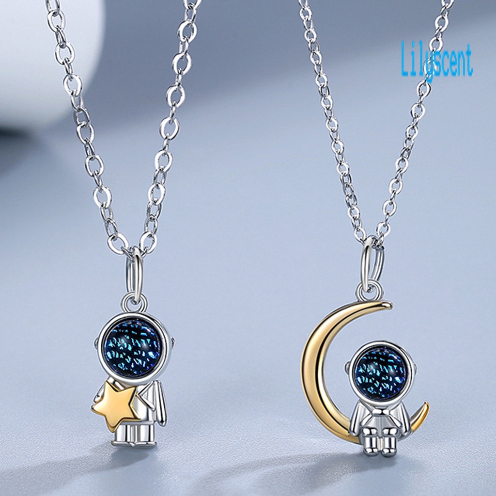 Kalung Klavikula Desain Bulan Bintang Astronot Bahan Batu Glaze Untuk Pasangan