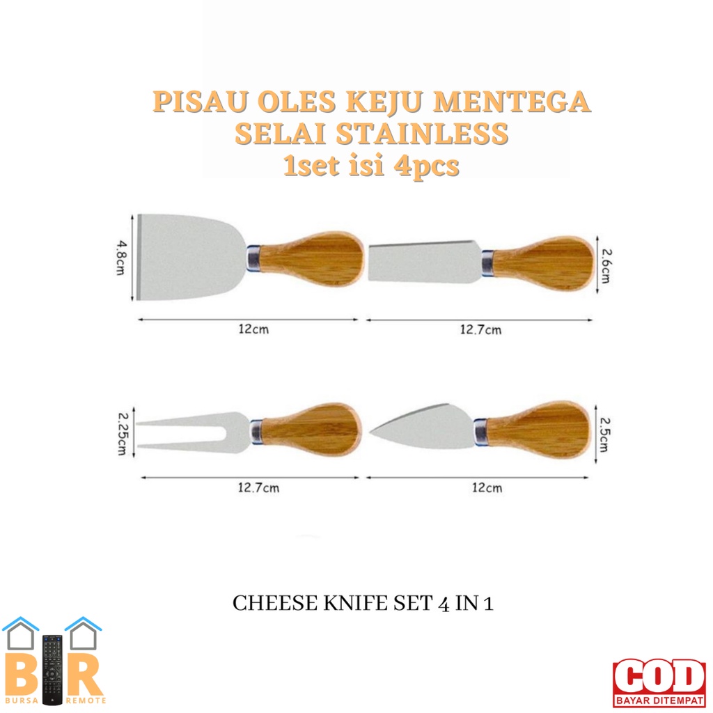 4 Set Pisau Keju Alat Makan Keju Baja Tahan Karat Pemotong Keju Pegangan Kayu Pisau Mini, Pisau Mentega, Spatula &amp; Garpu