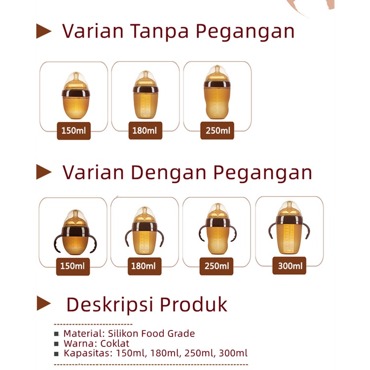 Botol Susu Piko Bello Coklat Botol Susu Silikon Bayi Anti Kolik Botol Susu Wide Neck BPA Free BB06