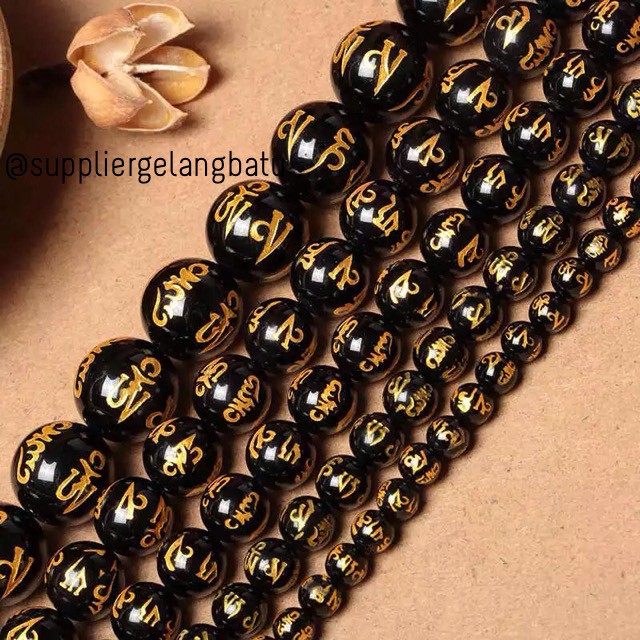 renceng batu tibetian hitam lucky bead black gold 10mm impor akik