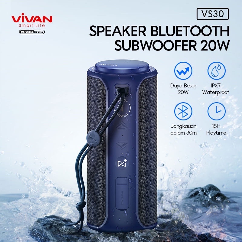 VIVAN Bluetooth Speaker VS30 Portable Waterproof IPX7 Subwoofer 20W 15 Jam Playtime Garansi Resmi 1 Tahun