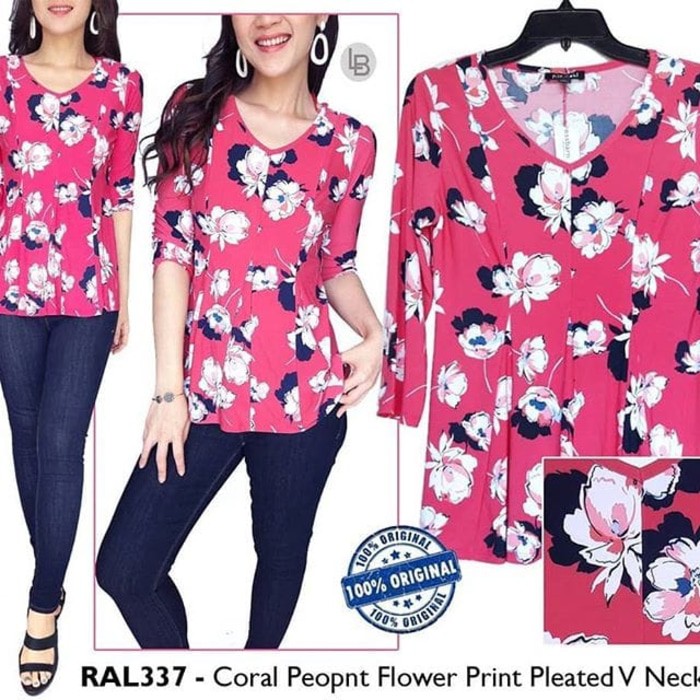 [BB] Roz ali pink peony flower print pelated vneck top