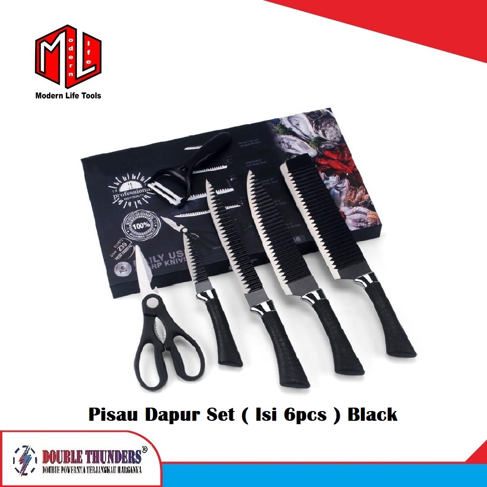 Pisau Set Dapur Hitam Tebal Tajam Isi 6pc DT-HM03