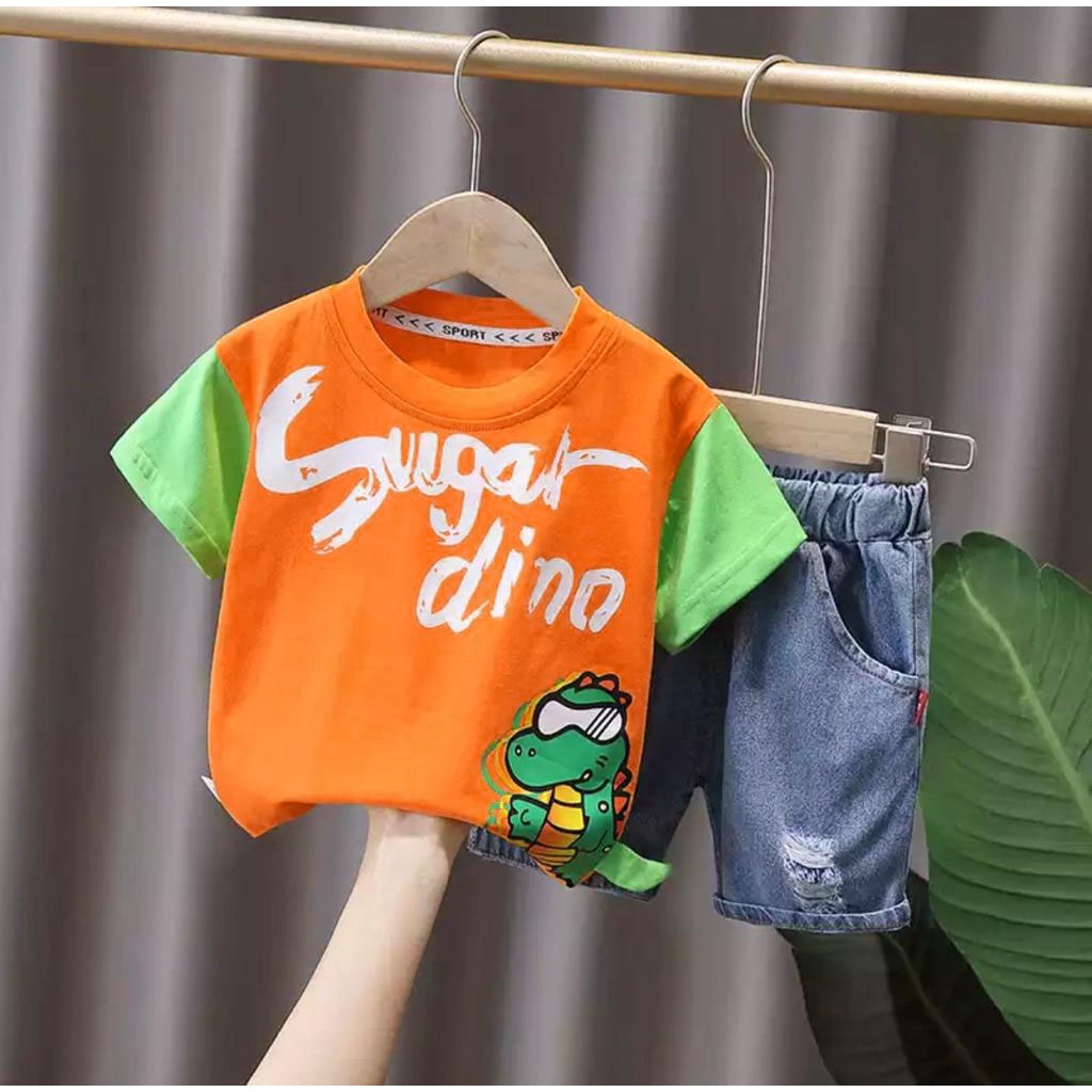 PROMO SETELAN BAJU ANAK CELANA DENIM PENDEK MOTIF SUGAR DINO 1-5 TAHUN SETELAN BAJU AANAK LAKI LAKI DAN PEREMPUAN TERBARU