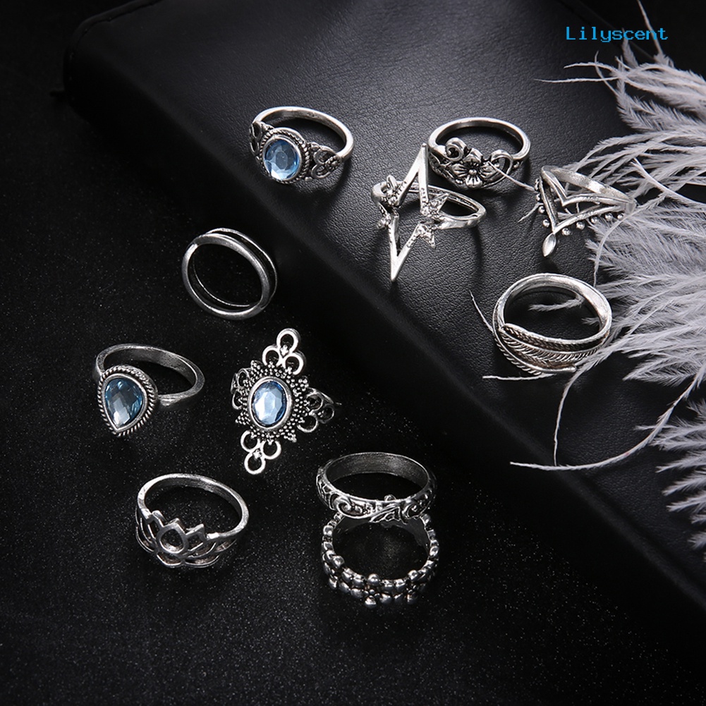 11pcs Cincin Knuckle Midi Model Hollow Aksen Berlian Imitasi Gaya Retro Untuk Wanita