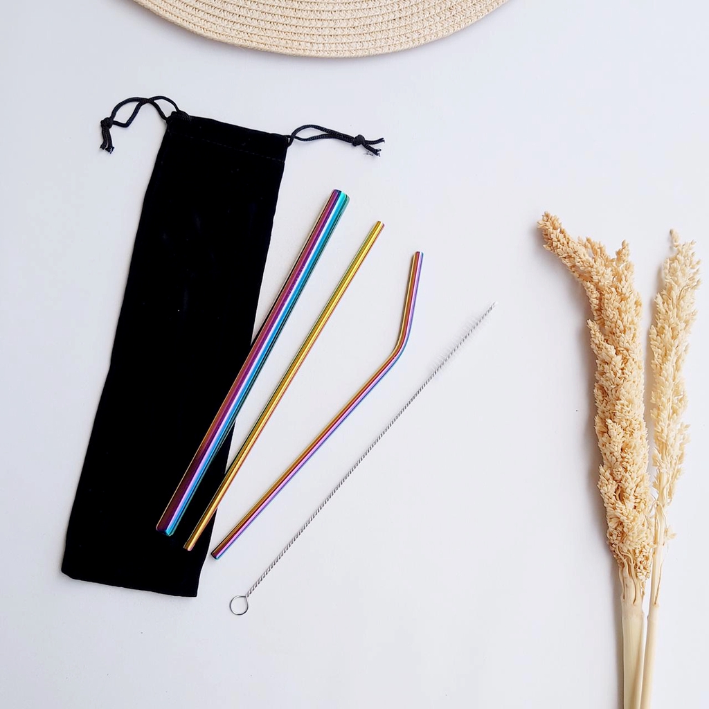 Sedotan Stainless Steel 5 items dalam 1 Set REUSABLE Straw Minuman 1 Set terdiri 5 items