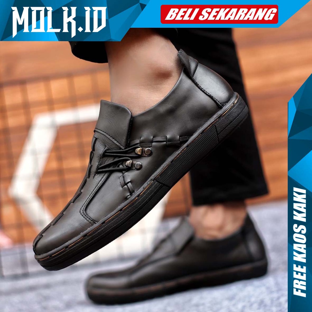 MOLK Sepatu Formal Kasual Pria Trendy Pantofel Hitam Kerja Kantor Kuliah Kulit Asli