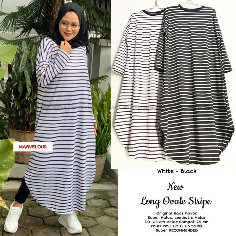 Ovale Stripe Long Tunik Kaos Fit XL-XXL LD 103-125 Melar Baju Wanita Dewasa Murah JUMBO Garis Garis