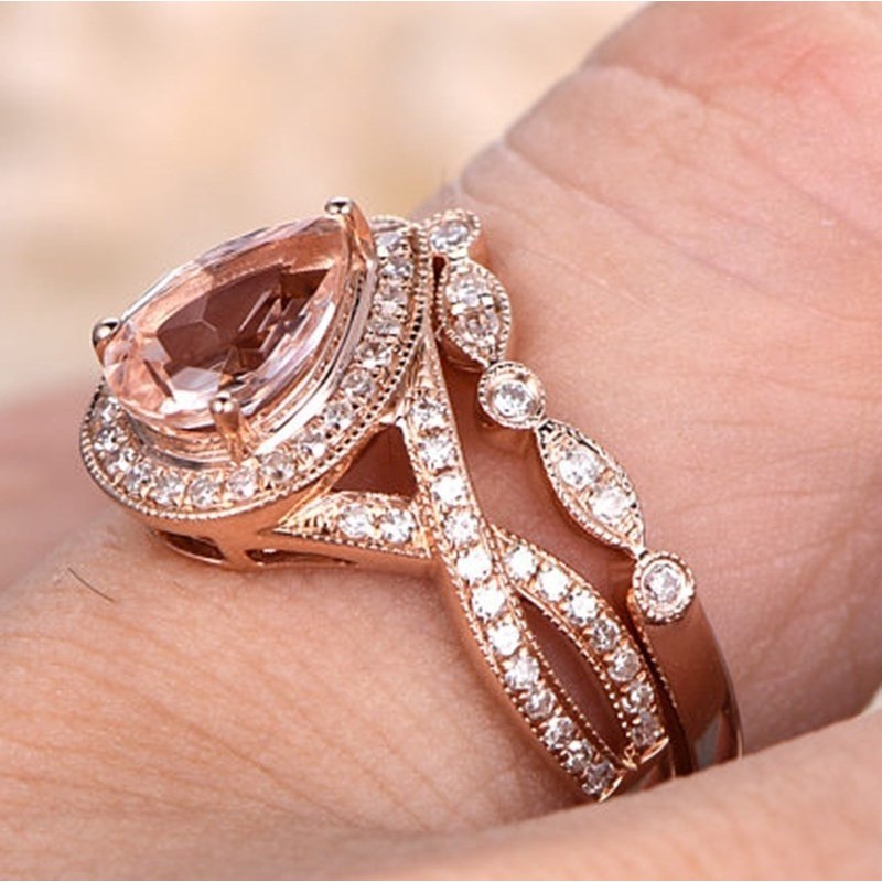 18K Rose Gold 2 Carat Round Morganite and Diamond Halo Bridal Wedding Ring Set