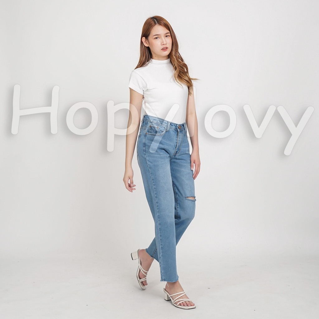 HOPYLOVY Celana Boyfriend Jeans Wanita Highwaist Jeans Sobek Unfinished Mirlanda