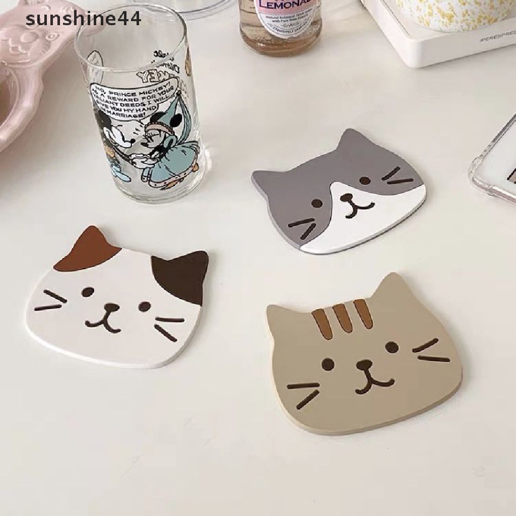 Sunshine Tatakan Gelas / Cangkir Teh / Kopi Bentuk Kucing Kartun Bahan Silikon Anti slip