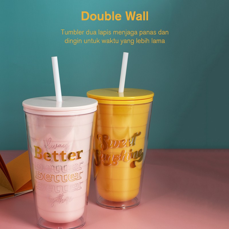 Kuning Botol Minum Tumbler 2 Lapis Wall dengan Sedotan 600ml BPA Free Anti Pecah SAMONO SC002 ORI