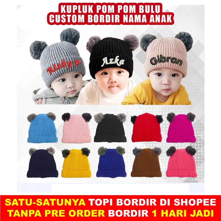 Kupluk Bayi Polos Bahan WOL Model Pompom Bordir Nama Anak