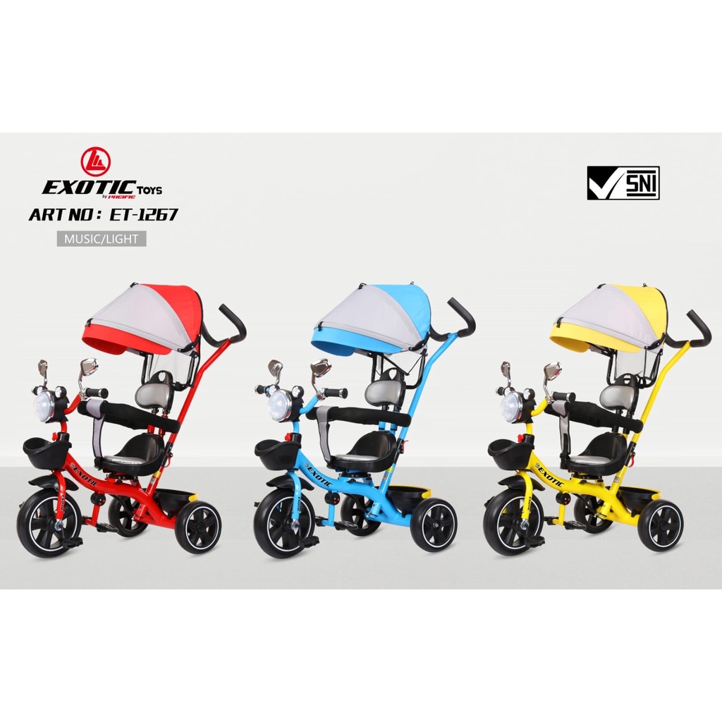 EXOTIC ET-1267 ET1267 ET-1268 ET1268 ET-1269 AT-7702 AT7702 AT-7708 AT7708 Sepeda Anak Roda Tiga Tricycle Pengaman Mainan Musik Lampu Kanopi